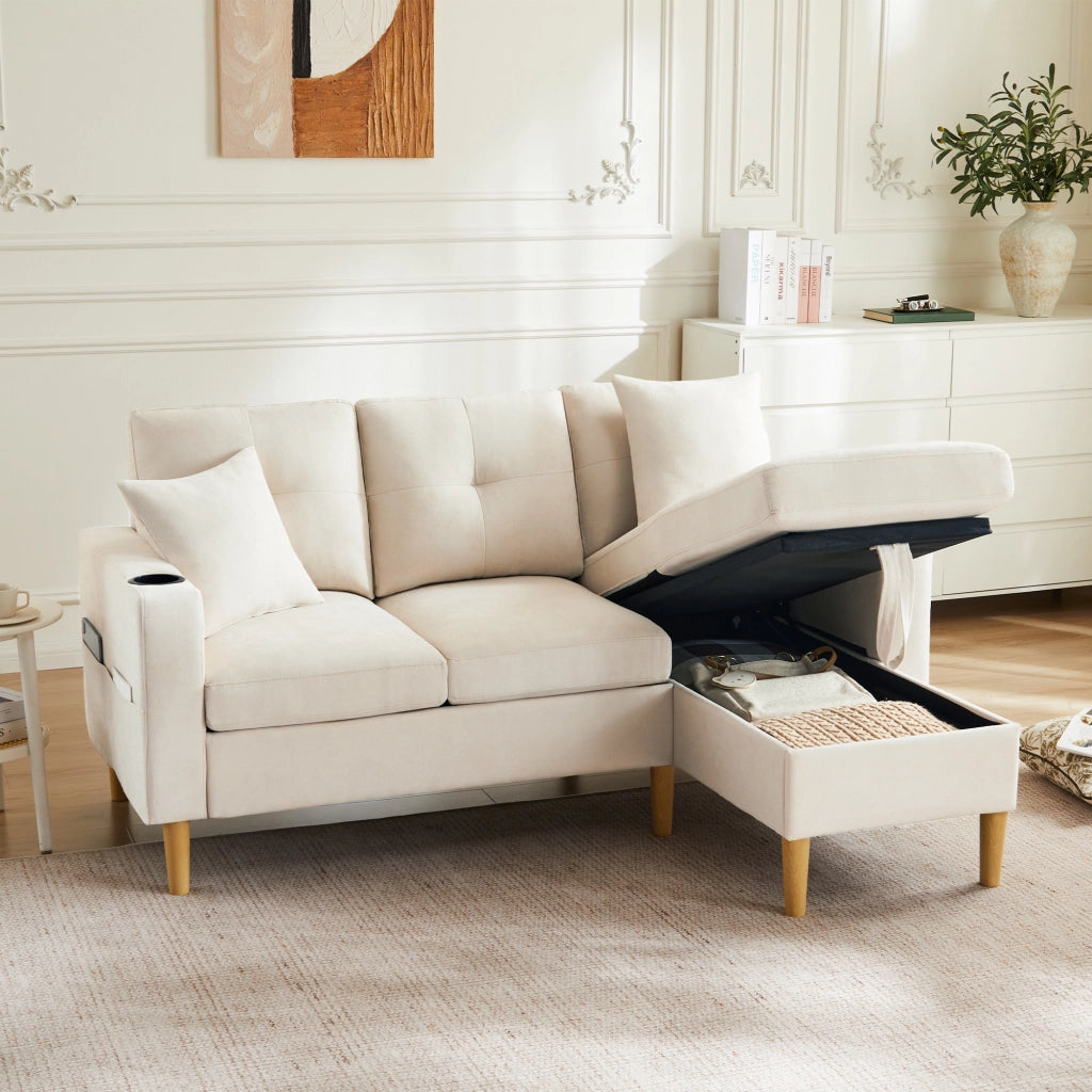 DIVANO ANGOLARE L175 x P129 x H90 cm Beige in cotone e lino con 2 cuscini