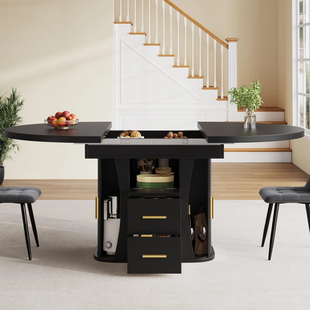 Tavolo da pranzo - rotondo estraibile - da 118 a 158 cm - 3 livelli stoccaggio - fino a 6 persone - nero