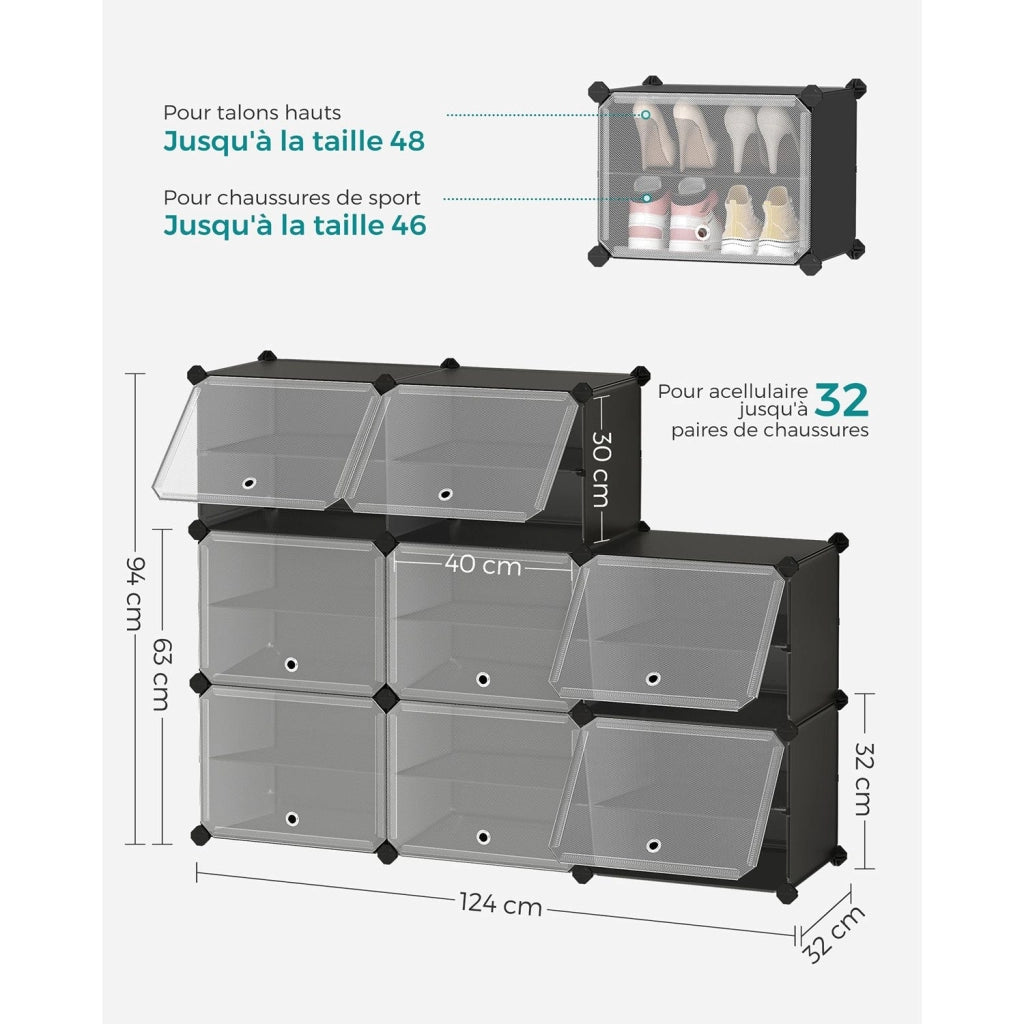 Scarpiera modulare a 8 scomparti 32 x 124 x 94 cm con anta struttura in acciaio pannelli in plastica nera 12_0007326