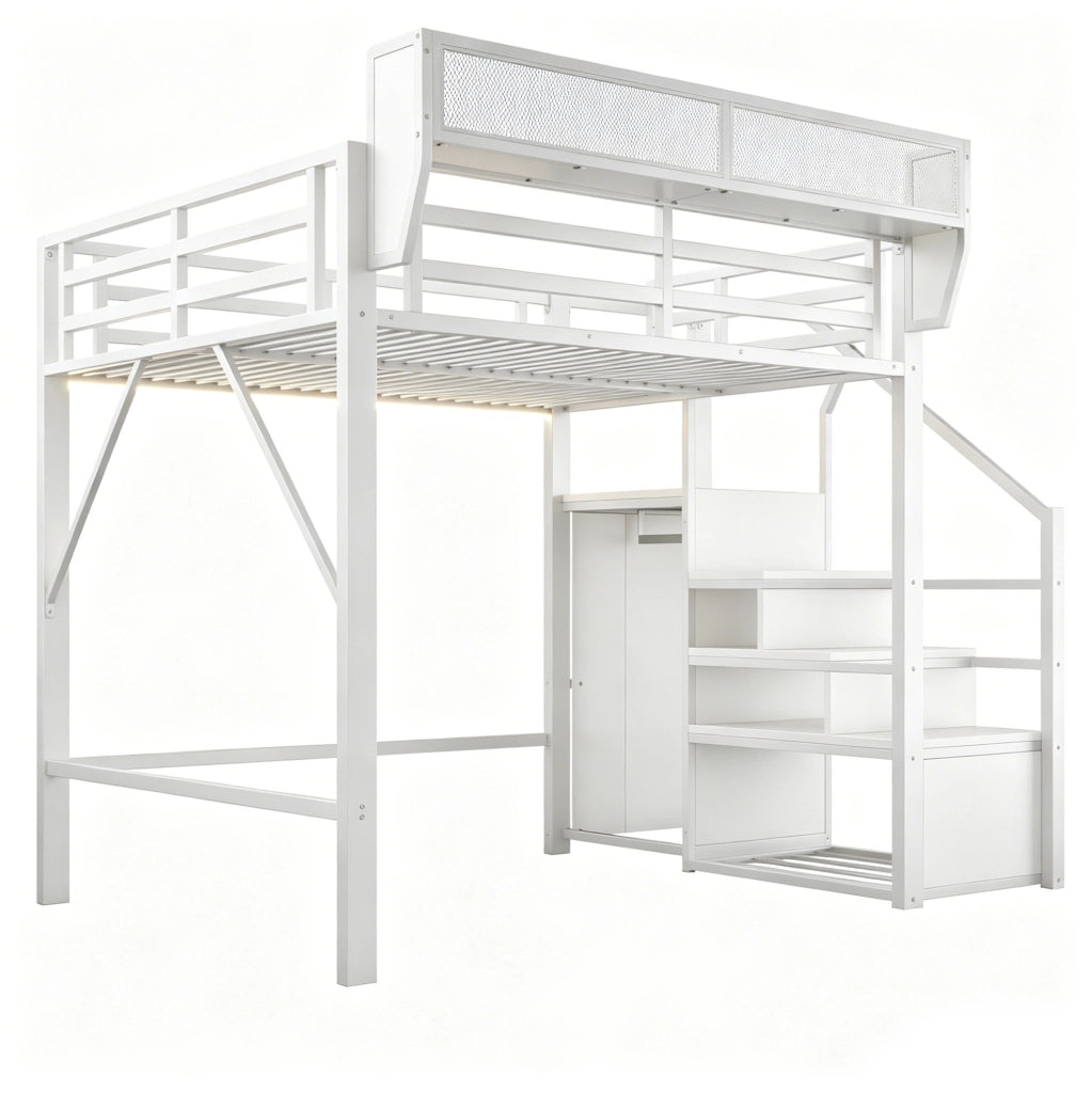 Letto a soppalco 140x200 cm con LED; scala di sicurezza e ripiani flessibili in metallo bianco