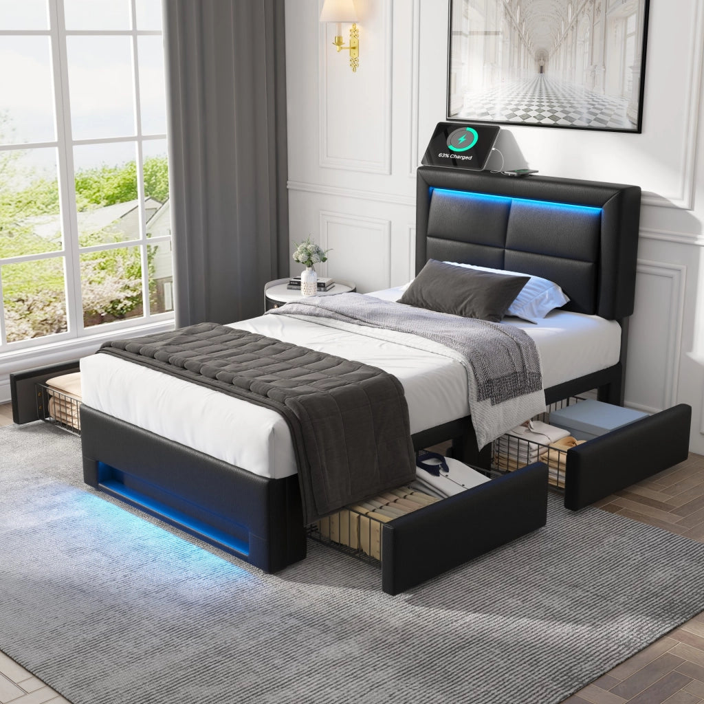 Letto imbottito 90x200 cm con USB, illuminazione LED, 4 cassetti, PU, nero, senza materasso