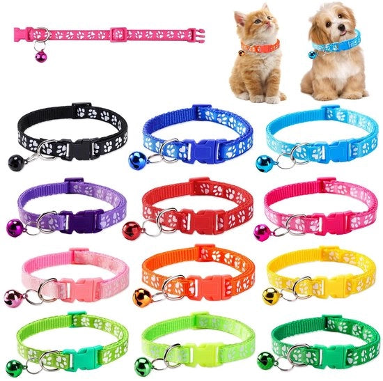 Collare per gatti 12 pezzi - regolabile - chiusura di sicurezza - con campanello - morbido - impronta di zampa - 12-30 cm - collare per animali domestici
