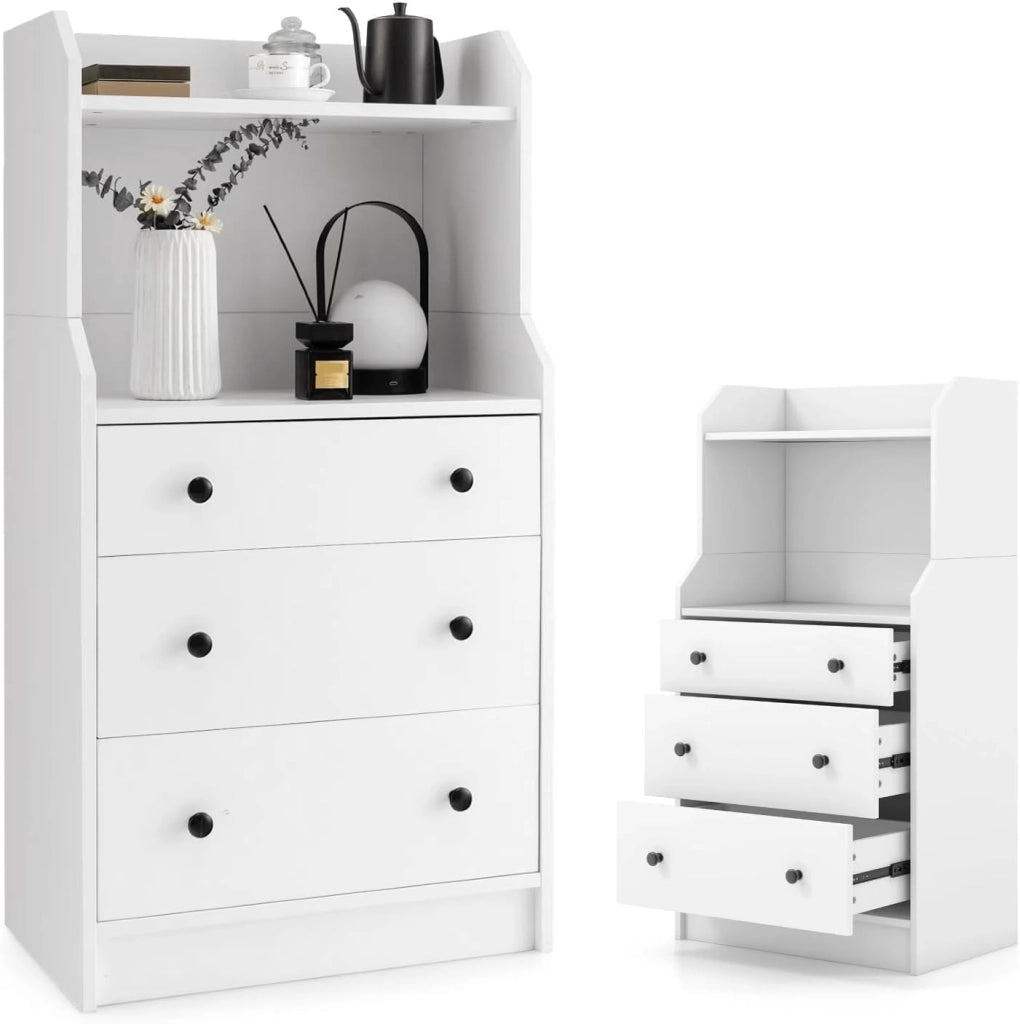 Cassettiera con 3 cassetti per camera da letto, cassettiera con ripiani aperti, mobile con dispositivo antiribaltamento, armadio ausiliario per soggiorno, studio, 58 x 36 x 111 cm, bianco