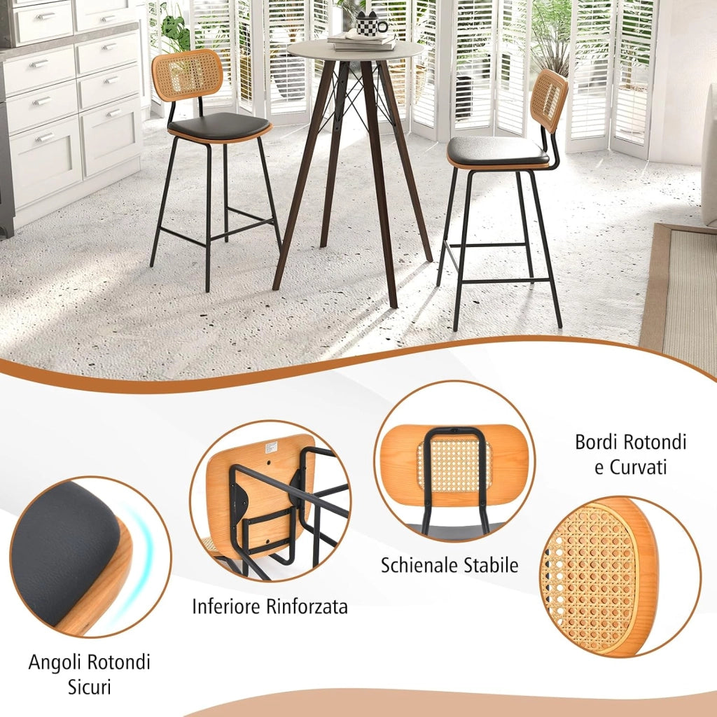 Set di 2 Sgabelli da Bar in Rattan, Sgabelli da Bar con Gambe in Metallo e Schienale in Rattan, Set di 2 Sedie da Bar con Cuscinetti Regolabili, per Cucina, Soggiorno, Bar