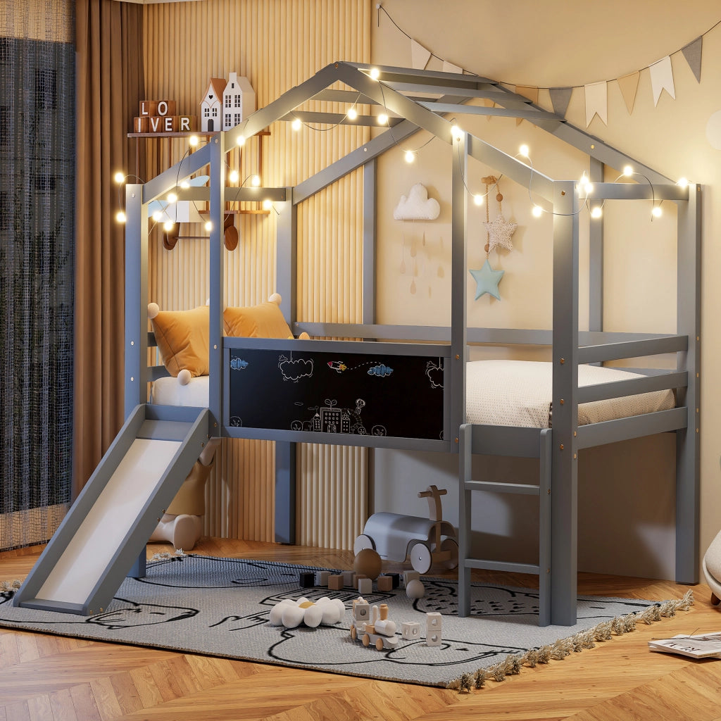 LETTO a soppalco per bambini 90 x 200 cm grigio in legno con scivolo e lavagna