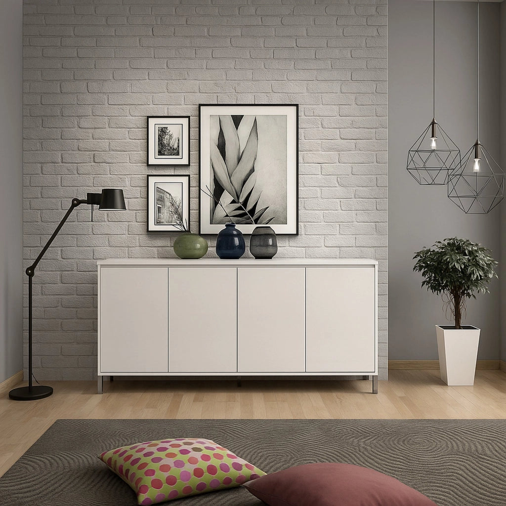 Credenza Filomena, Buffet da soggiorno, Madia da salotto, Dispensa da cucina, Made in Italy, 184x40h90 cm, Bianco lucido e Antracite