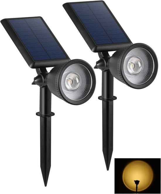 Proiettore di luce calda per giardino alimentato da energia solare - Proiettore solare con piastra di base per esterno IP65 - Lampada a infrarossi regolabile per decorazione di giardino - Adatto per prato, balcone e giardino - Set da 2 unità