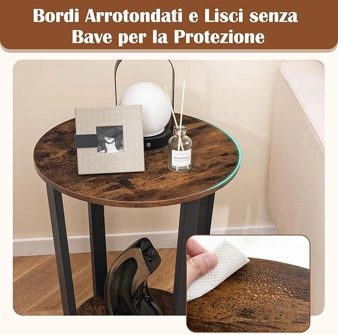 Tavolino Rotondo, Tavolino Laterale a 2 Ripiani con Mensola Aperta, Tavolino da Divano con Struttura in Metallo per Soggiorno, Camera da Letto e Piccoli Spazi (Marrone)