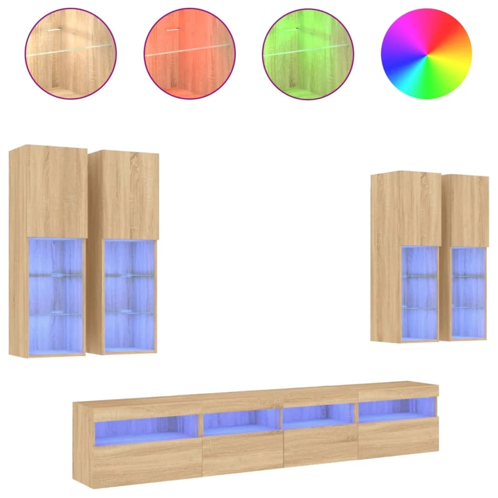 Set di mobili credenza TV soggiorno camera da letto parete soggiorno x 7 pezzi e luci LED rovere sonoma marrone 02_0025373