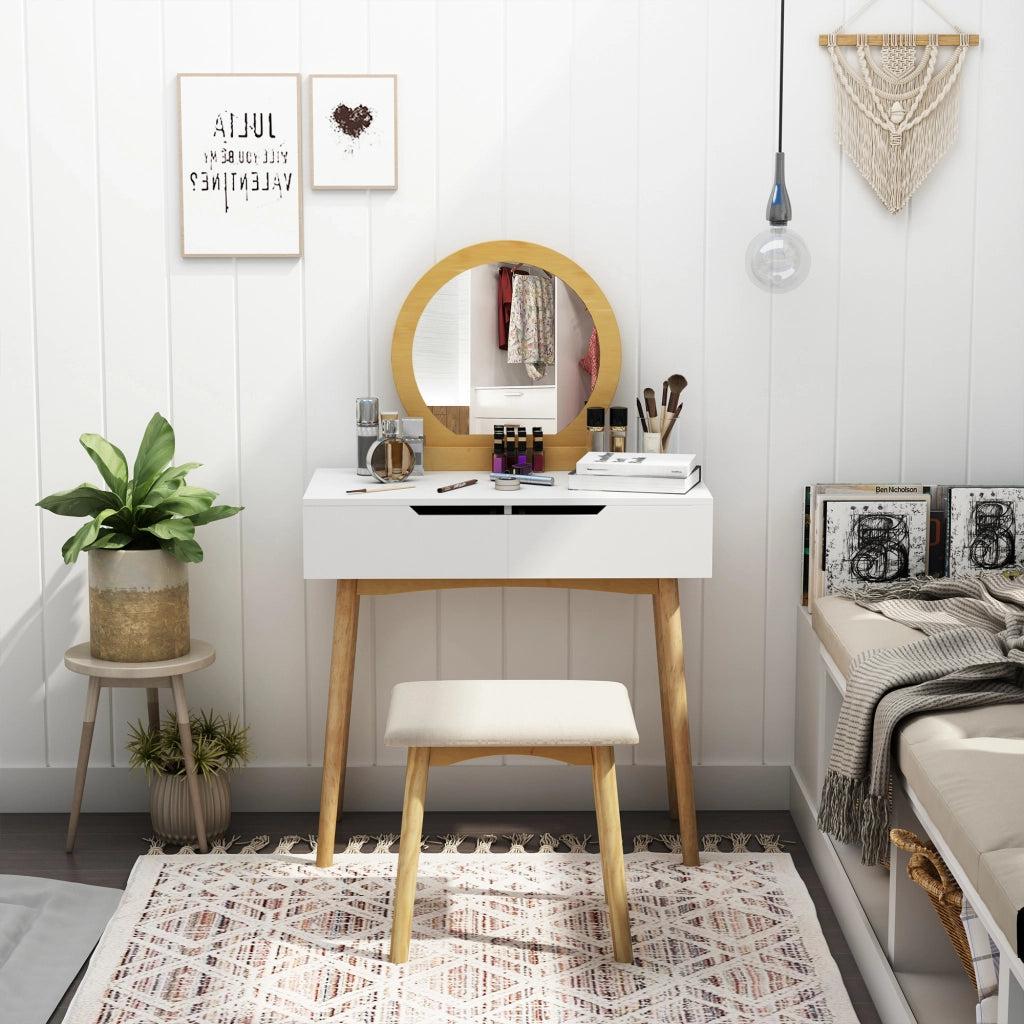 Scrivania con Specchio e Sgabello ¨C Xylo ¨C Bianco Legno Pino Chiaro 2 Cassetti