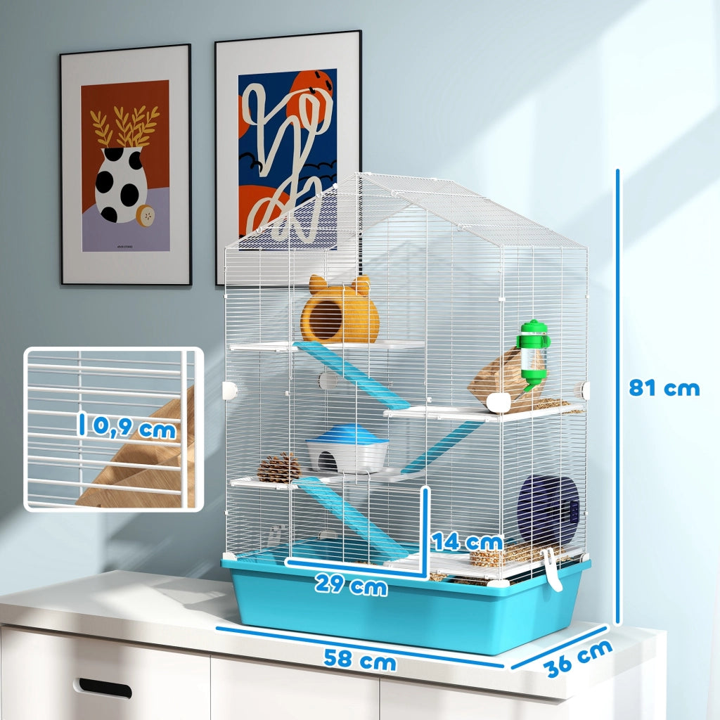 Gabbia per Criceti a 5 Livelli con Piattaforme, Casetta, Rampas e Ruota ¨C Zephmum ¨C 58x36x81cm Azzurro