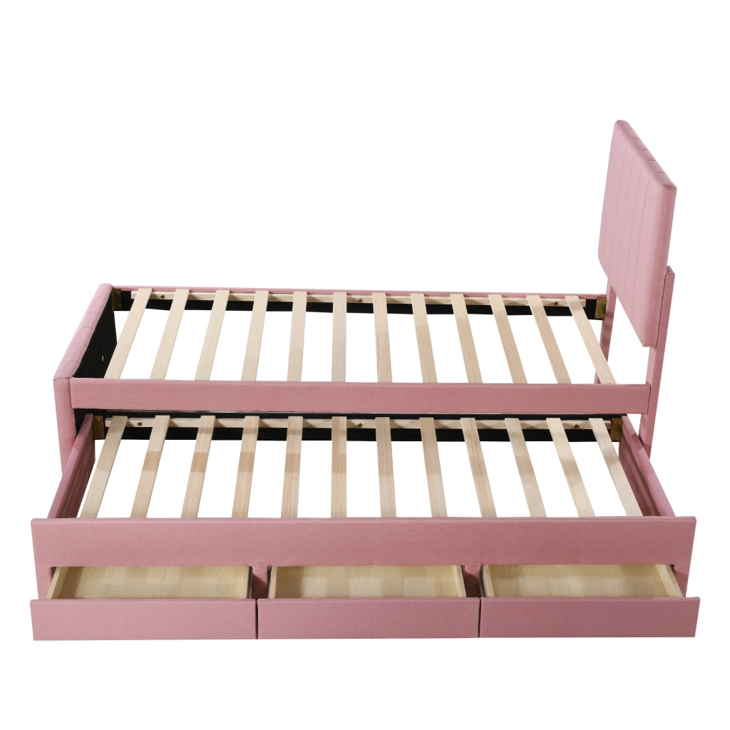 DESMIU Letto estraibile singolo con 3 cassetti e testiera regolabile 90 × 200 e 90 × 190 cm, senza materasso, rosa