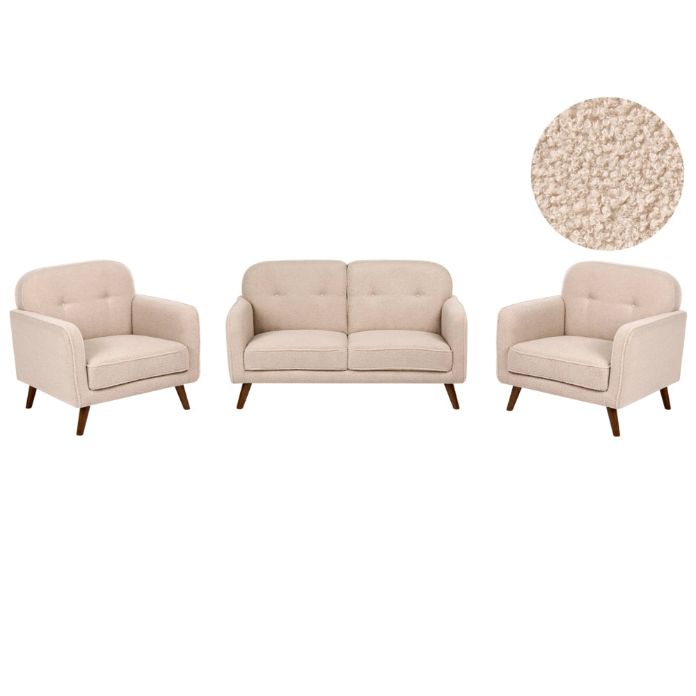 Set da Soggiorno Beige in Bouclé con Divano e Poltrone a 4 Posti con Trapuntatura a Bottoni Gambe in Legno di Rovere Divanetto