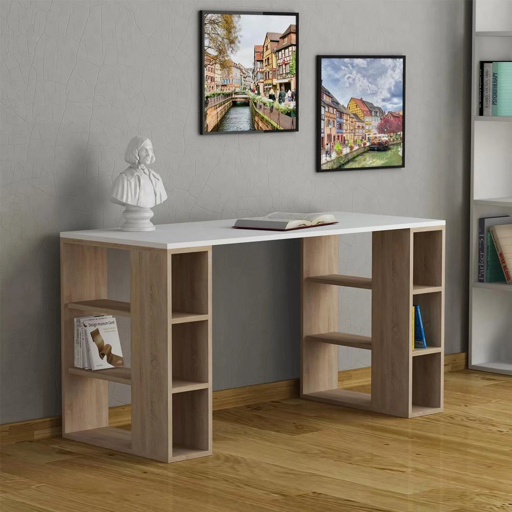 Scrivania con Libreria 6 Ripiani 140x60x75 cm Tavolo Porta Pc Computer in Legno Quercia