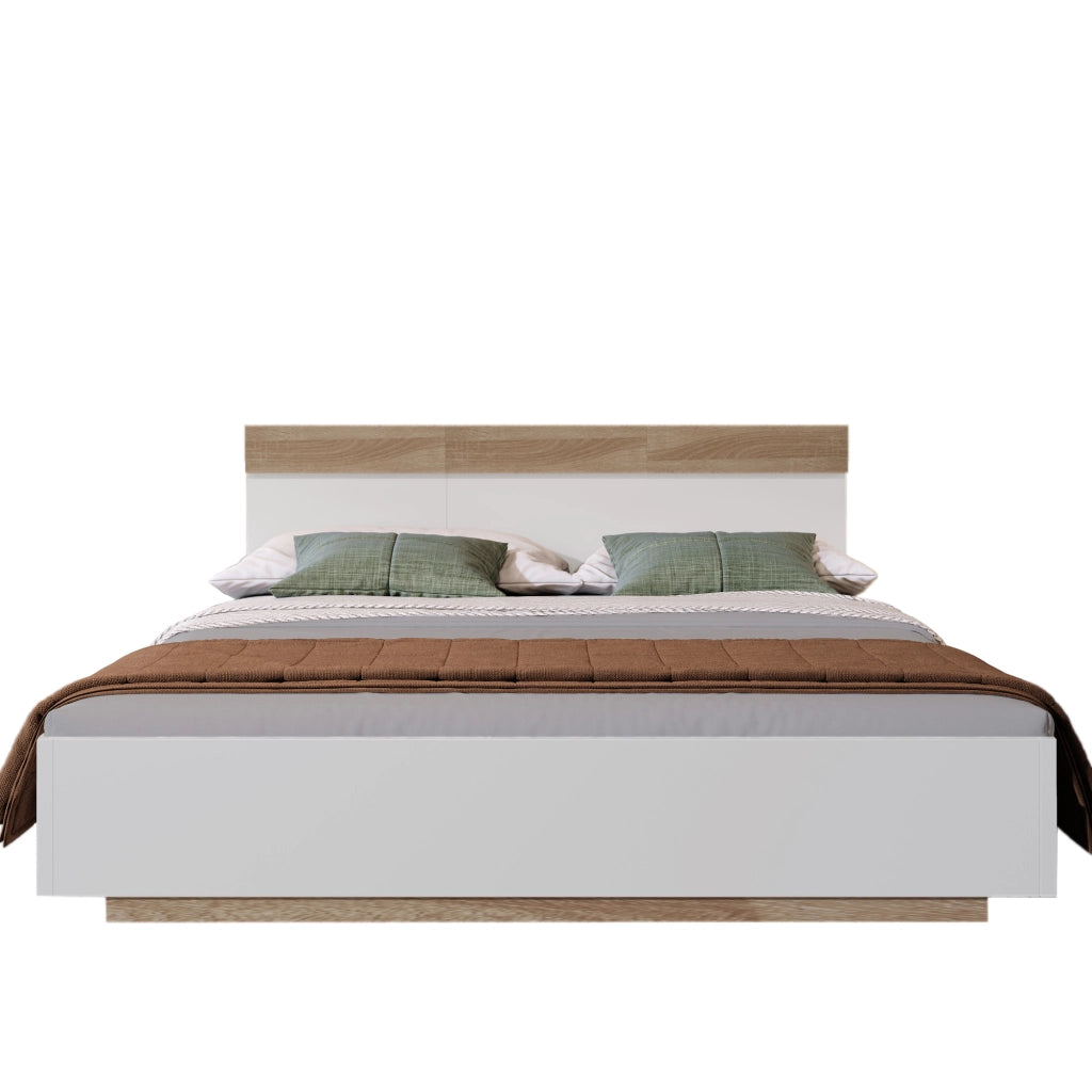 Letto matrimoniale sospeso 160x200 cm in legno bianco e rovere Sonoma con testiera e rete a doghe