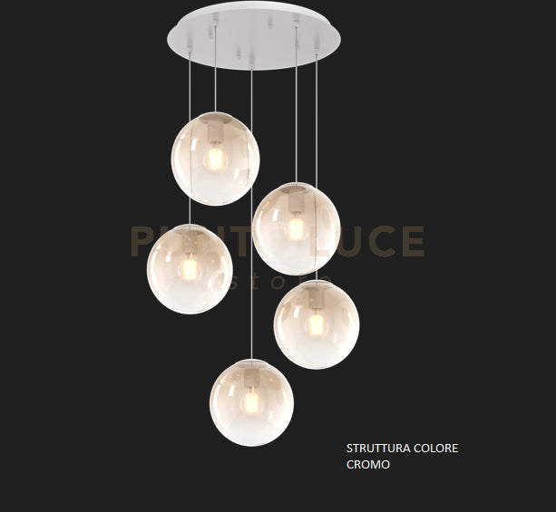 SOSP. CROMO 5 LUCI TONDO VETRI PICCOLI AMBRA 1194CR-S5 TP-AM