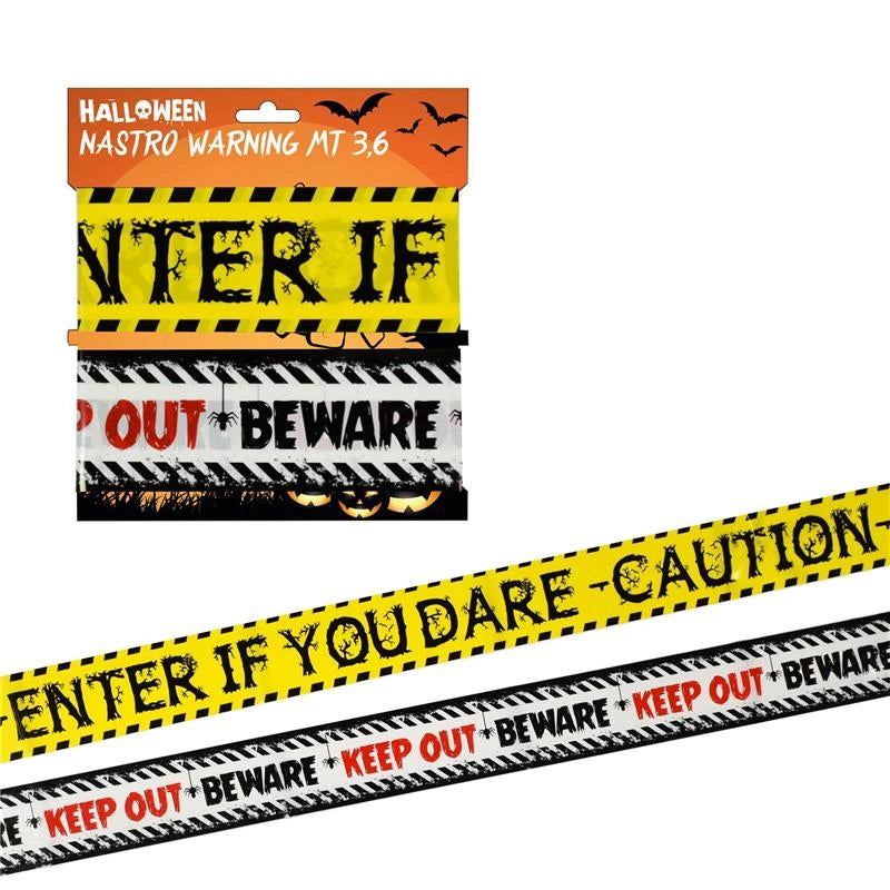 HALLOWEEN NASTRO CON SCRITTA WARNING 2 PZ 6,5 METRI SIMPATICO E DECORATIVO