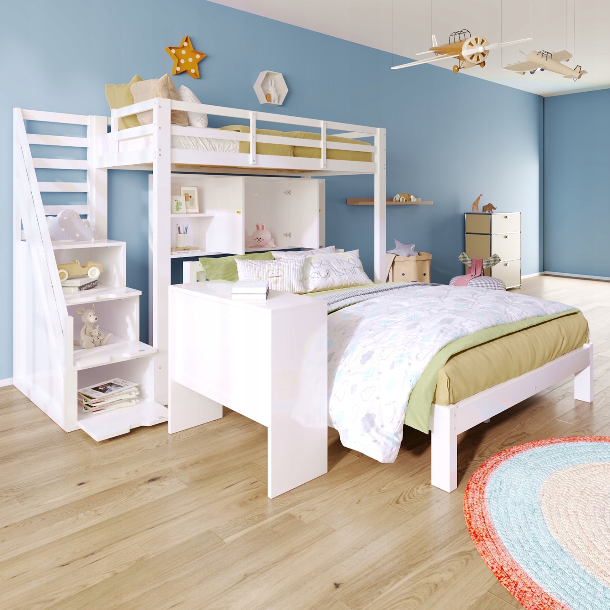 Letto a castello 90x200+140x200 - Xylo - Bianco con scaffale e ripostiglio