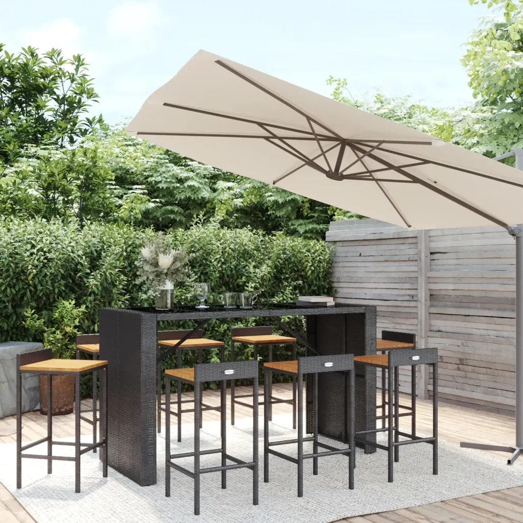 Set Bar Giardino 9 pz Nero Polyrattan e Legno Massello Acaciacod mxl 124614