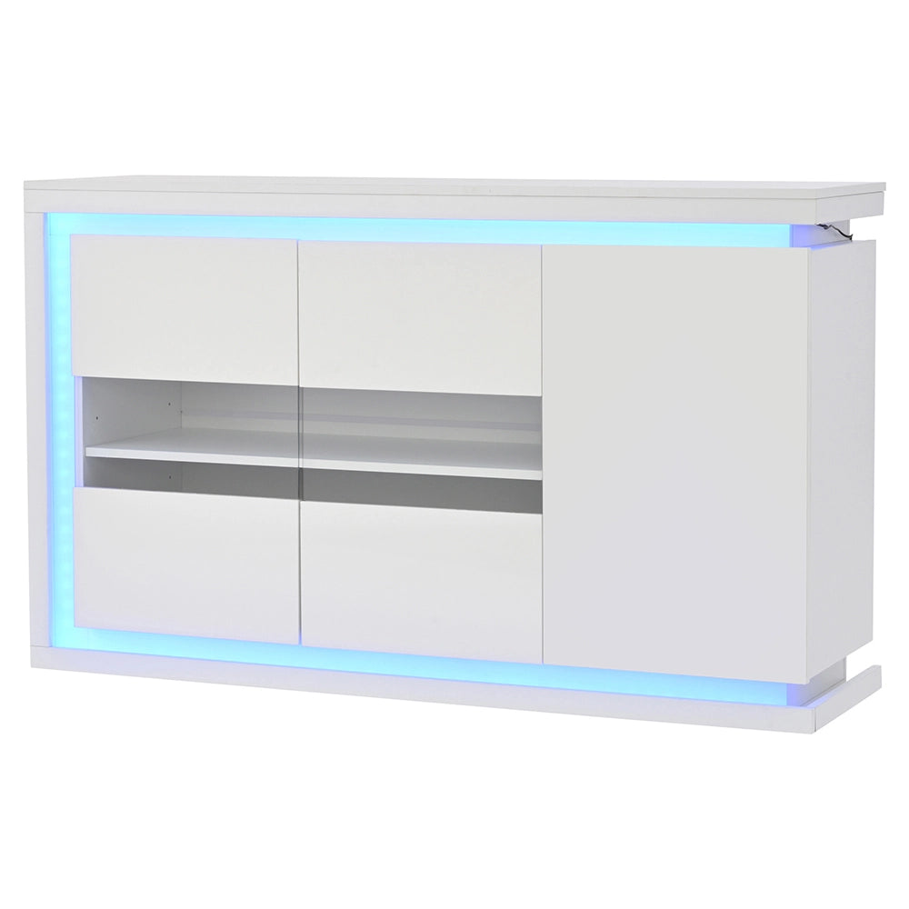 Credenza Soggiorno 140x40x84cm - Xylo - 4 Scomparti Lucidi con LED e Vetro