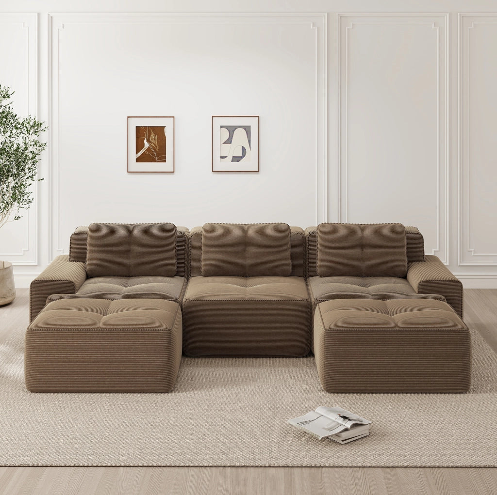 Divano modulare a U 293x177x69 cm in velluto a coste marrone; senza montaggio
