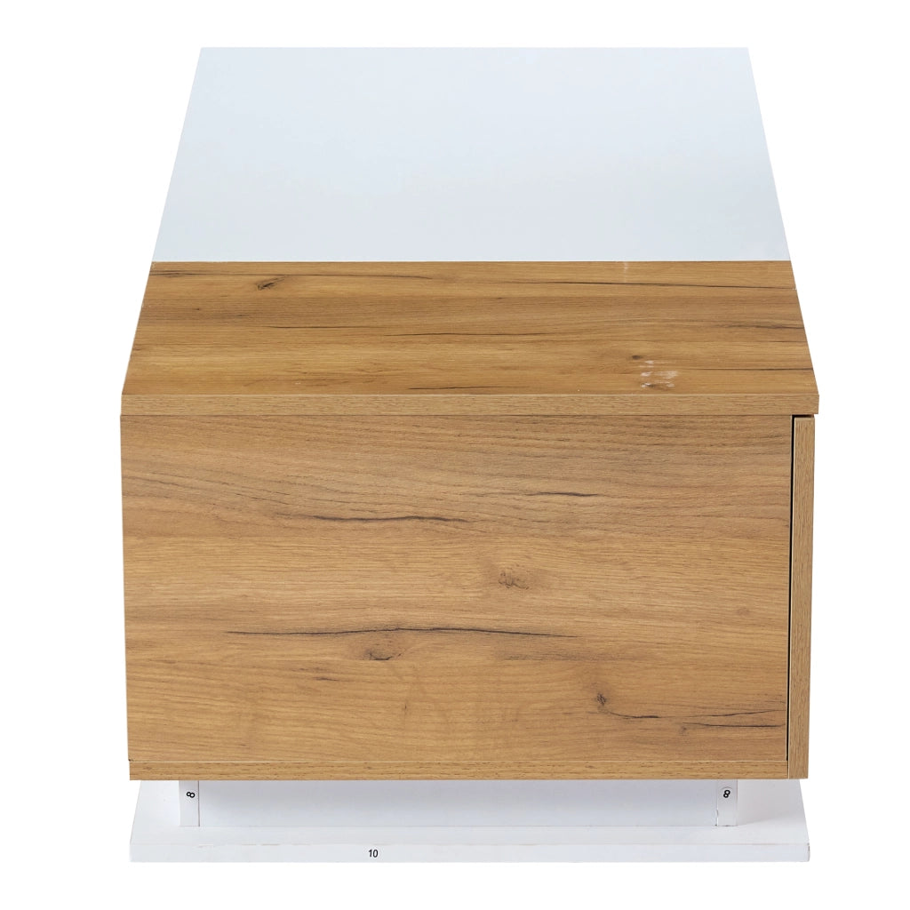 Tavolino da caffè 105x50x36 cm; con LED e spazio contenitivo; truciolare e vetro temperato; bianco e colore naturale