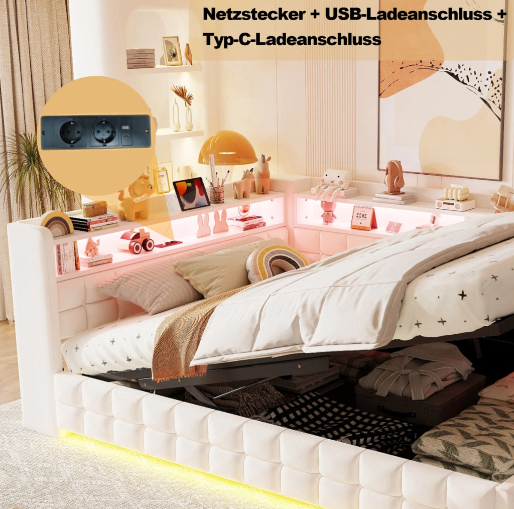 Letto imbottito trasformabile 140x200 cm in velluto beige con contenitore; LED e prese