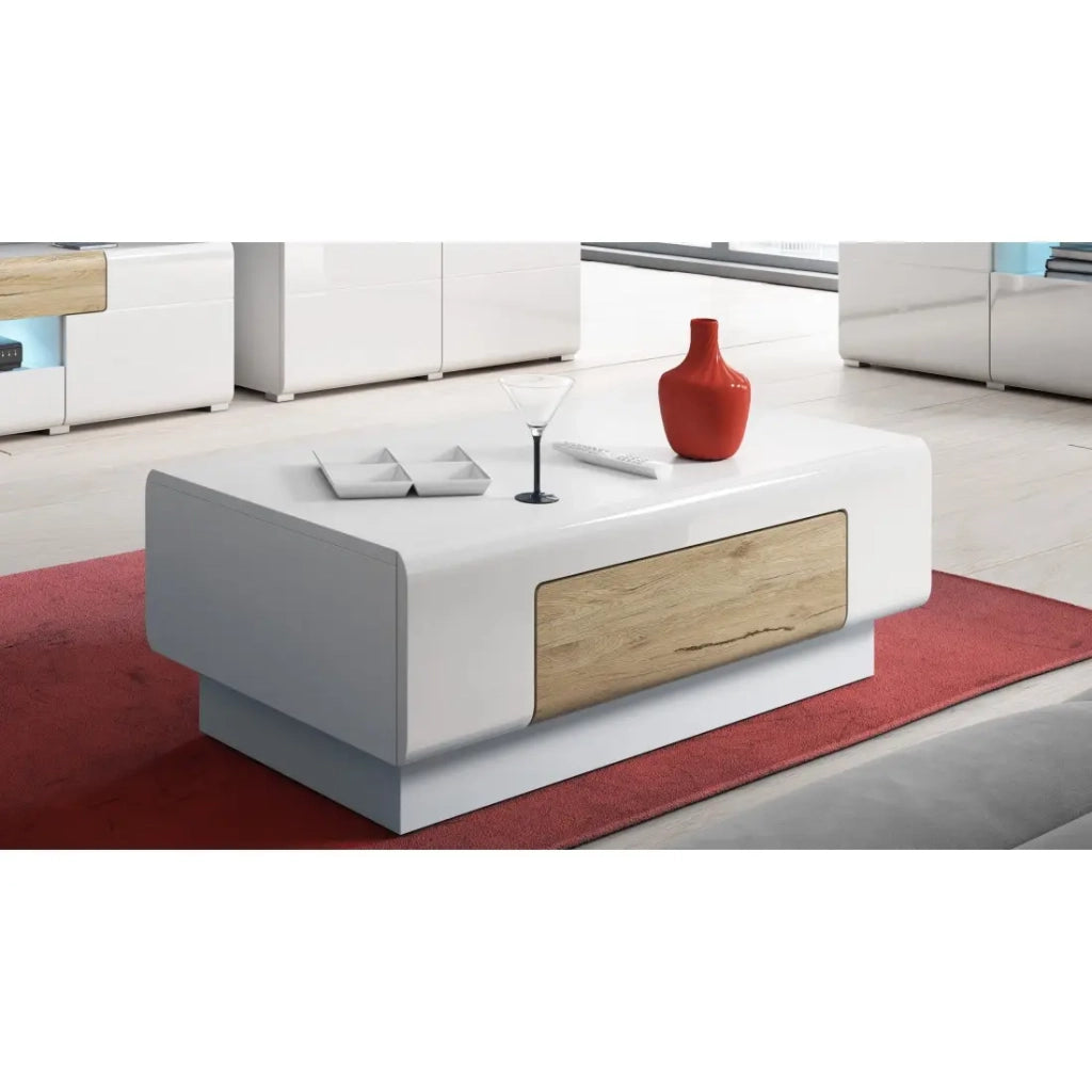 Tavolino basso OHIO – Bianco opaco e rovere 110x60 cm