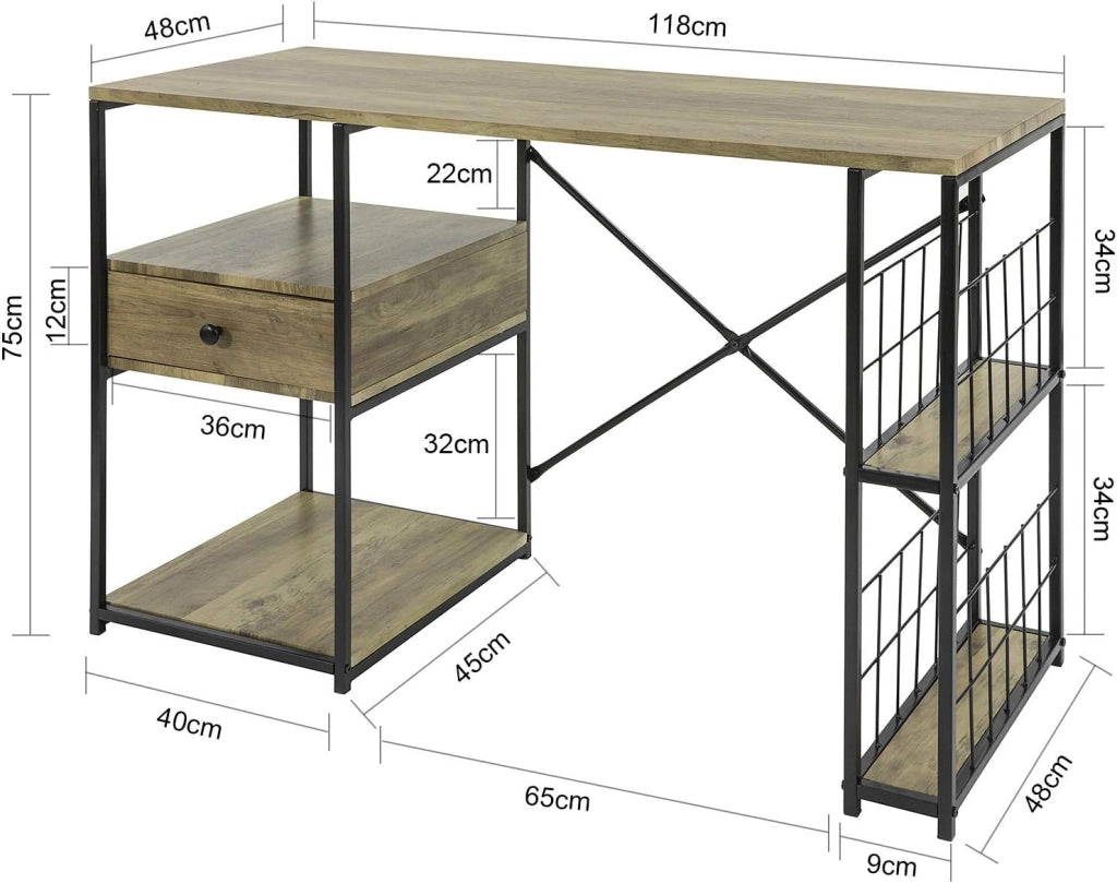 Scrivania per computer con 1 cassetto e 4 ripiani, utilizzata per l'ufficio e la camera da letto con struttura in ferro 118 x 48 x 75 cm FWT61-N