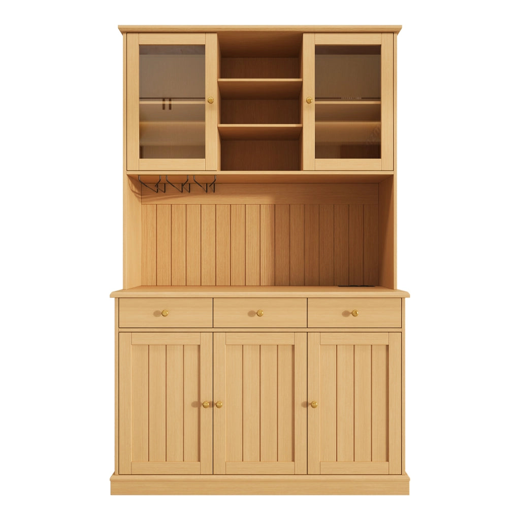 Buffet alto 120 x 40 x 191 cm con ante in vetro, portabicchieri, ripiani regolabili e prese USB, colore naturale