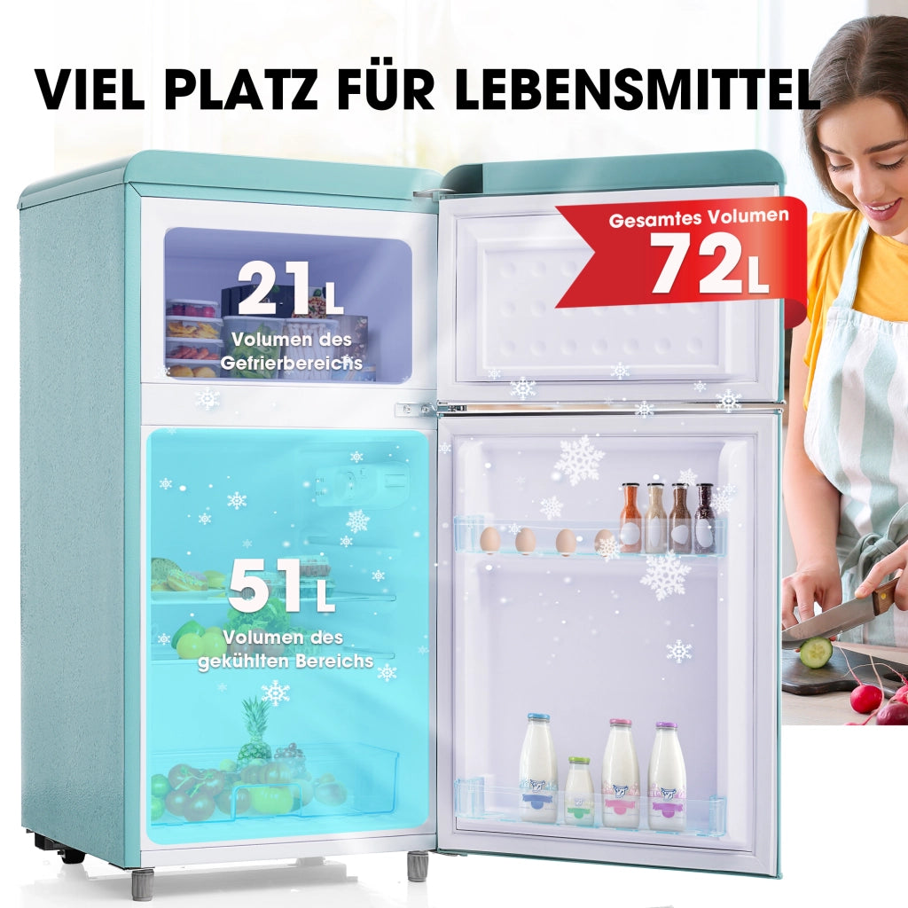 Frigorifero in stile retr¨°, modello a doppia porta superiore e inferiore, capacit¨¤ totale 72 litri, con scomparto congelatore da 21 litri, consumo