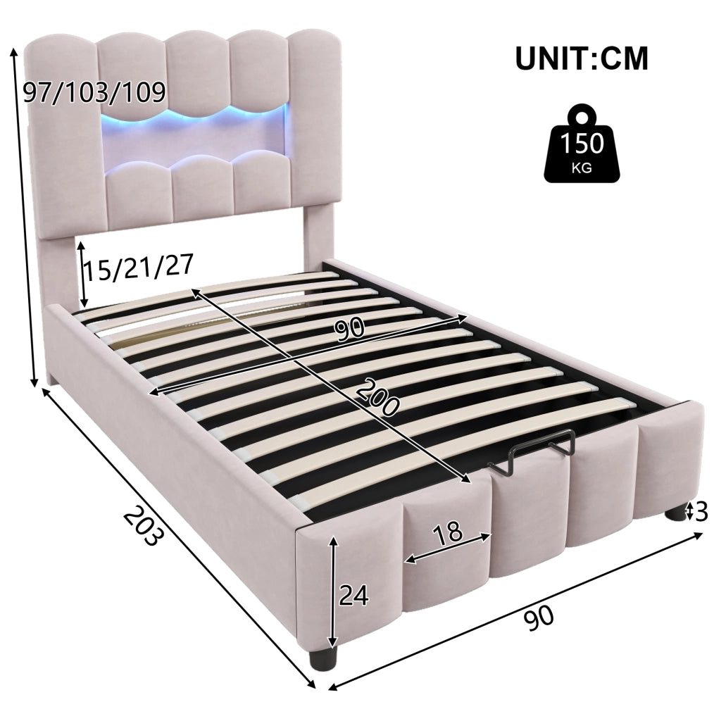 Letto imbottito 90x200 cm con contenitore idraulico; LED e testiera regolabile in velluto rosa