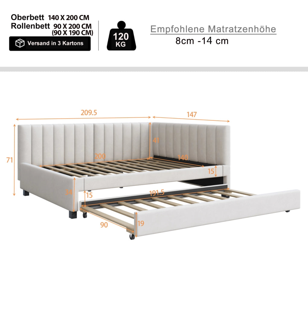 Letto imbottito estraibile 140x200 in velluto beige