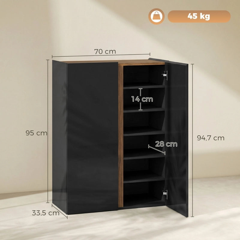 Scarpiera con 6 ripiani e chiusura ammortizzata, design senza maniglie, per ingresso, nero, 108,5 × 47,5 × 22,5 cm