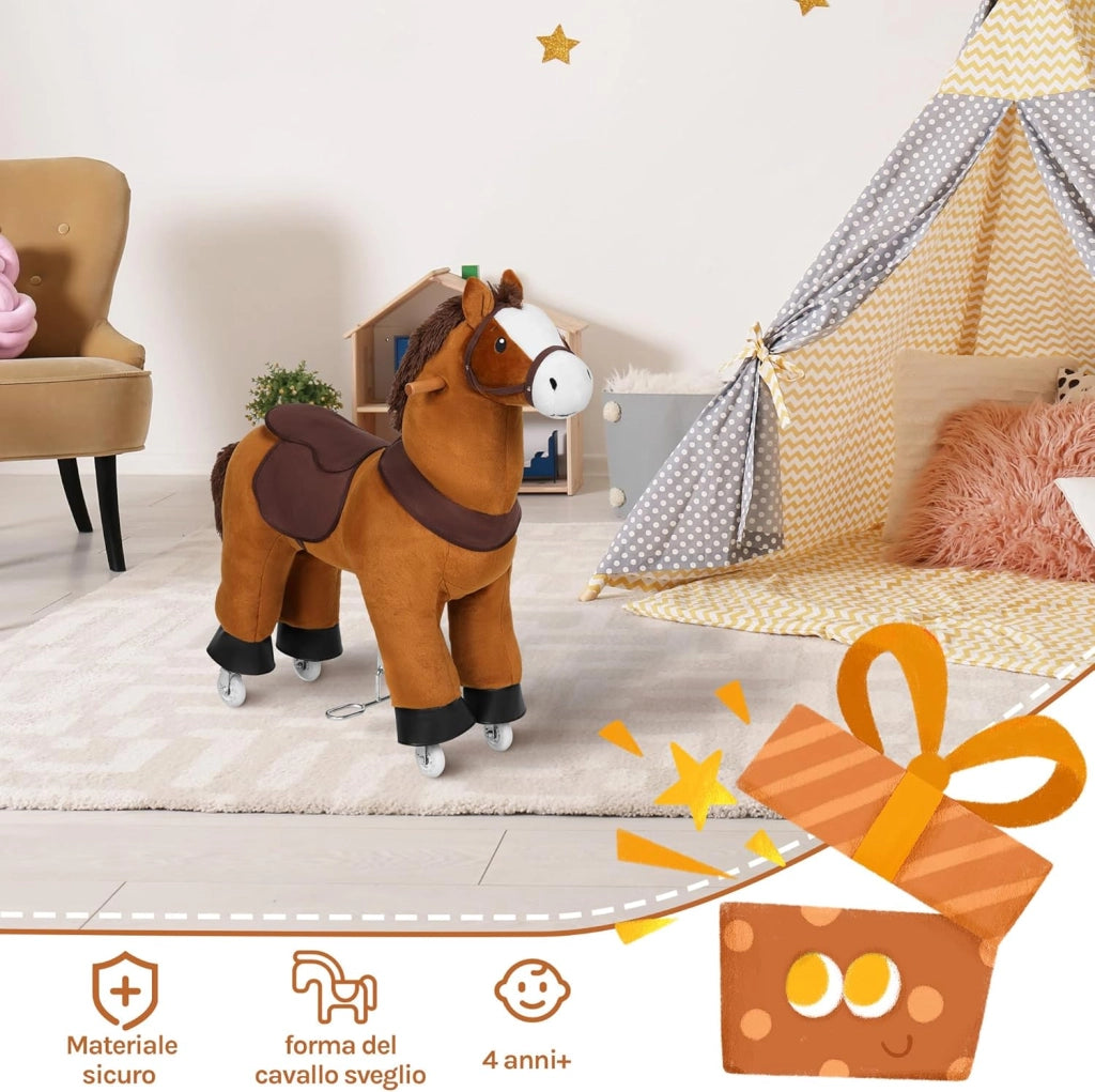 Cavallo a Dondolo su Ruote per Bambini, Cavalluccio Cavalcabile in Peluche con Suoni, per Interni ed Esterni, Giocattolo da 4 Anni, Struttura in Legno e Metallo, Marrone