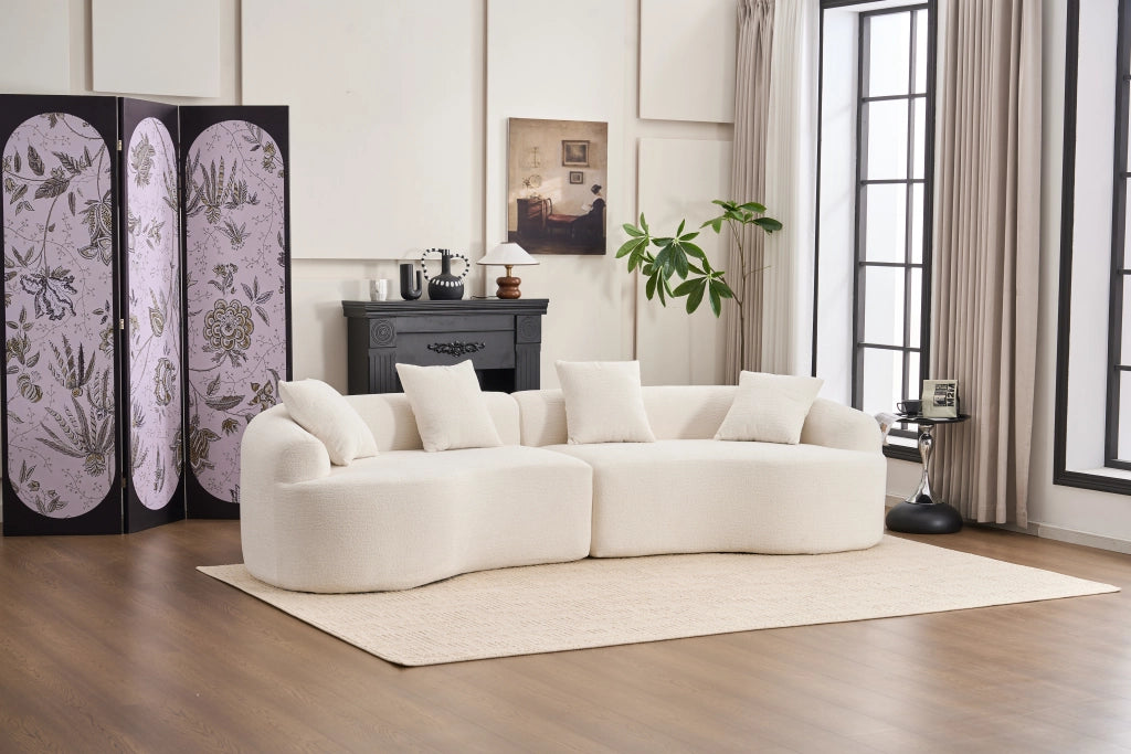 Divano angolare modulare 4 posti con design curvo in ciniglia, seduta comoda, bianco 275 × 115 × 63 cm