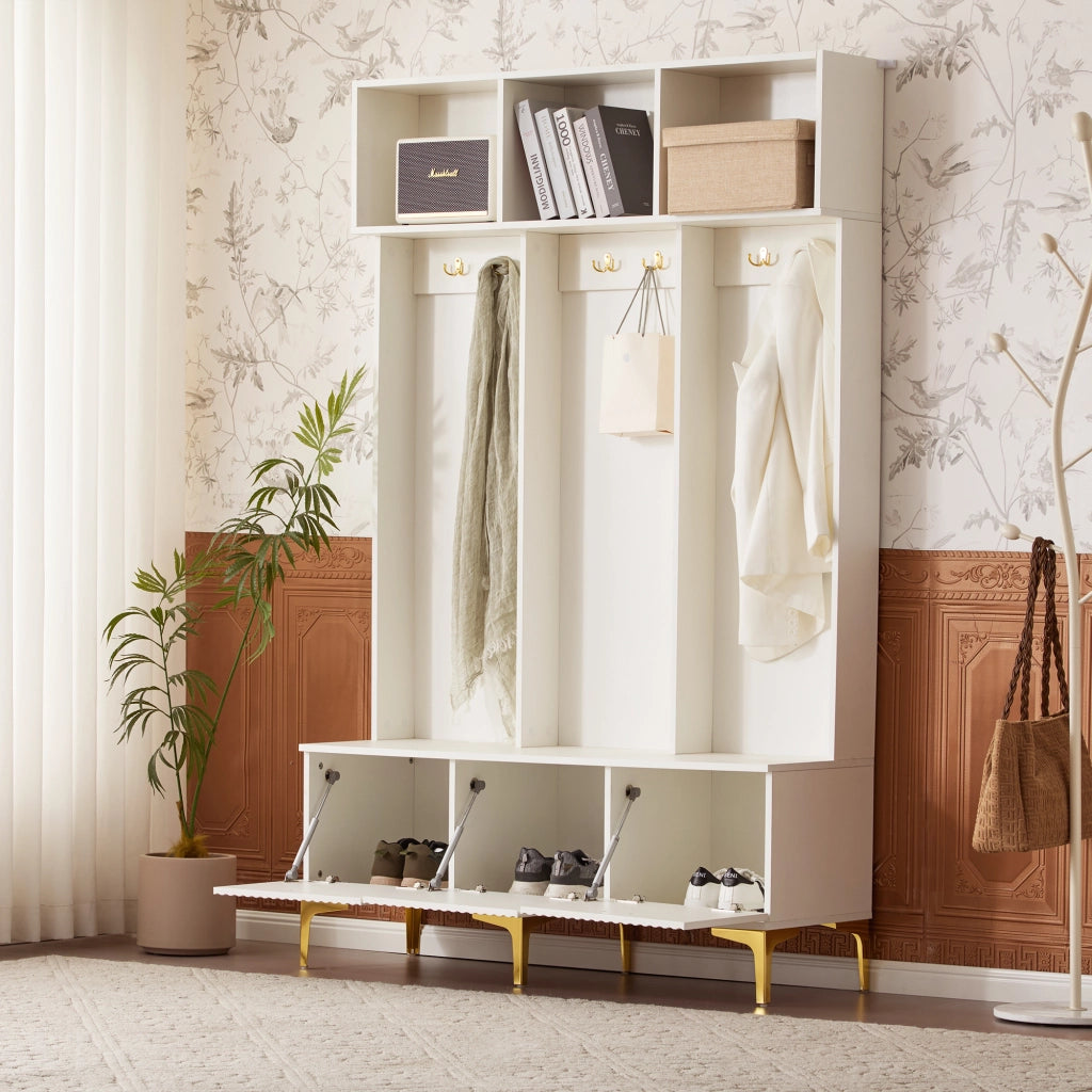 Set Ingresso con Panca e Appendiabiti ¨C MINIMAL ¨C Bianco, Ganci, 120x40x191.5 cm