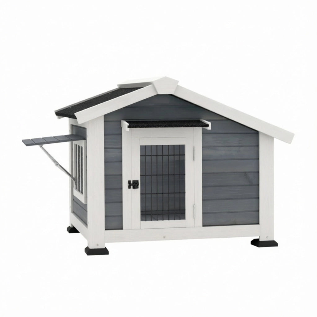 Cuccia da esterno rialzata per cani in legno e metallo; grigia; 98 x 76 x 69;5 cm