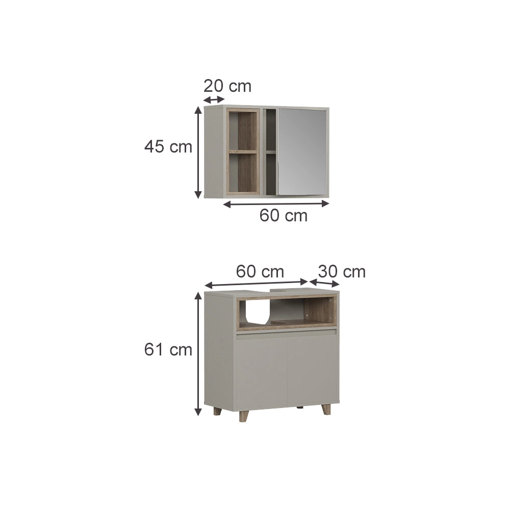 Vicco Set di mobili da bagno Greige/Rovere con mobiletto a specchio e mobiletto base