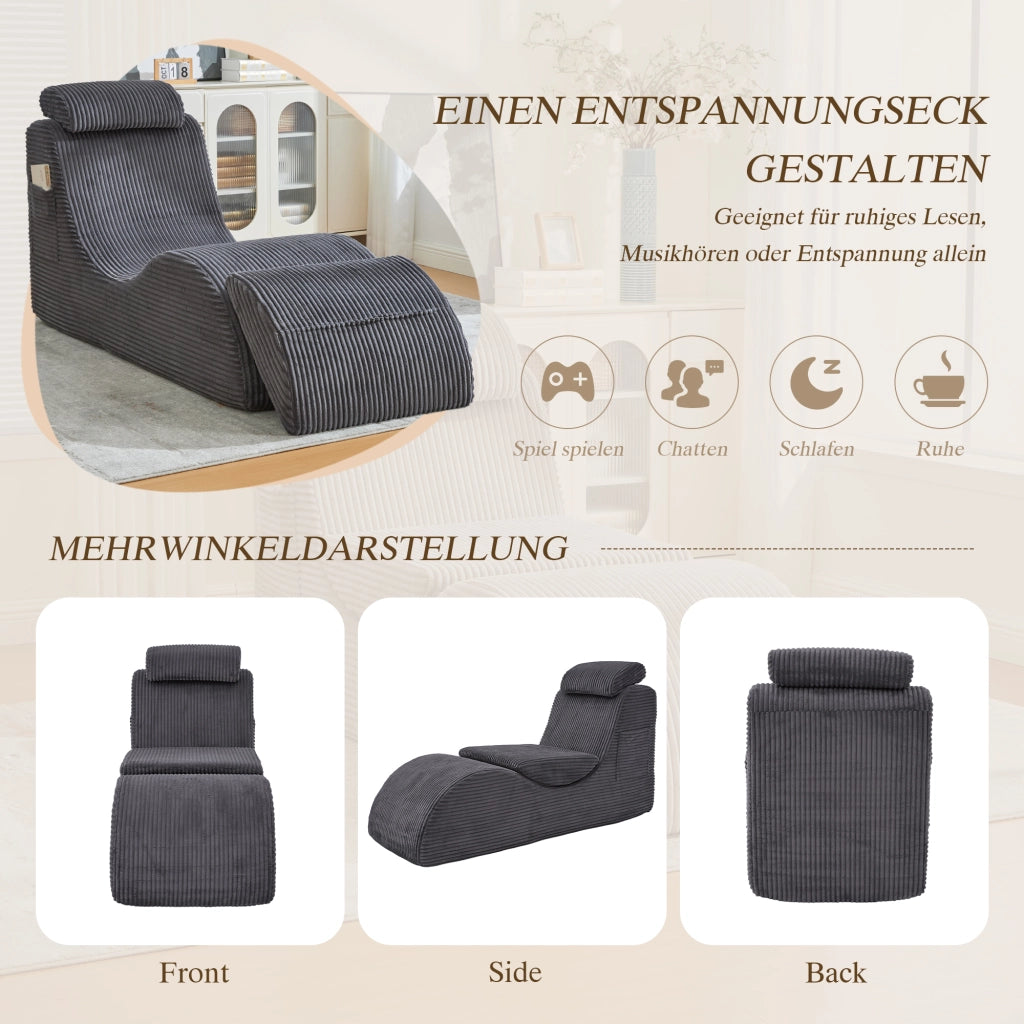 Poltrona relax ergonomica con tasca laterale e cuscino rimovibile design compatto in velluto a coste grigio scuro
