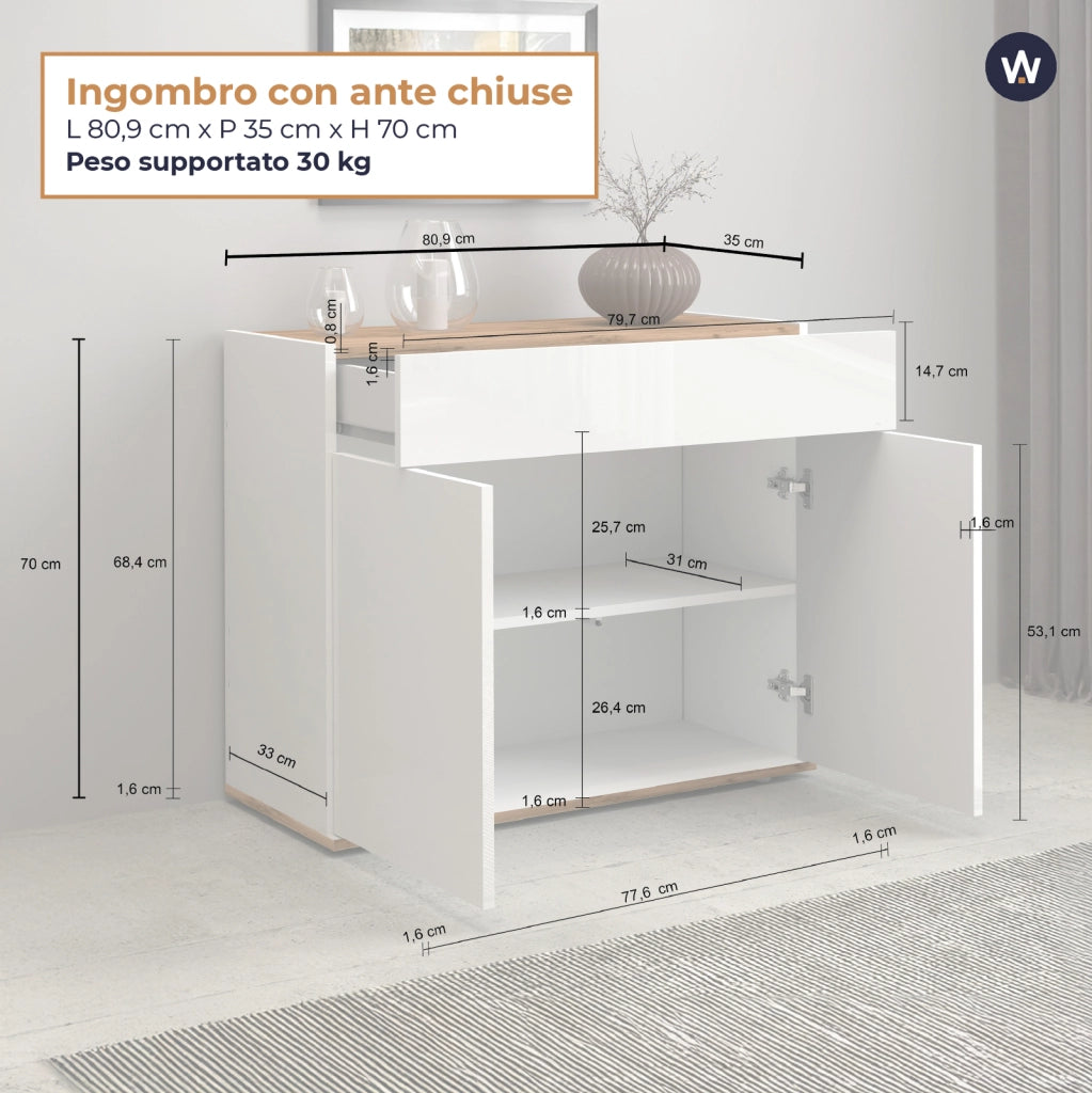 WHOUS Credenza Garda 2 ante e 1 cassetto bianco lucido e rovere 80,9x35x70 cm