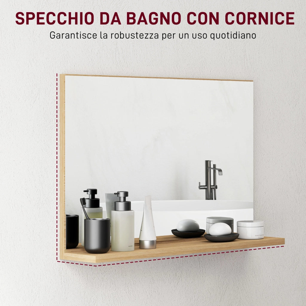 Specchio Bagno da Parete con Mensola Design Moderno e Multiuso, 60x12x40 cm, Legno