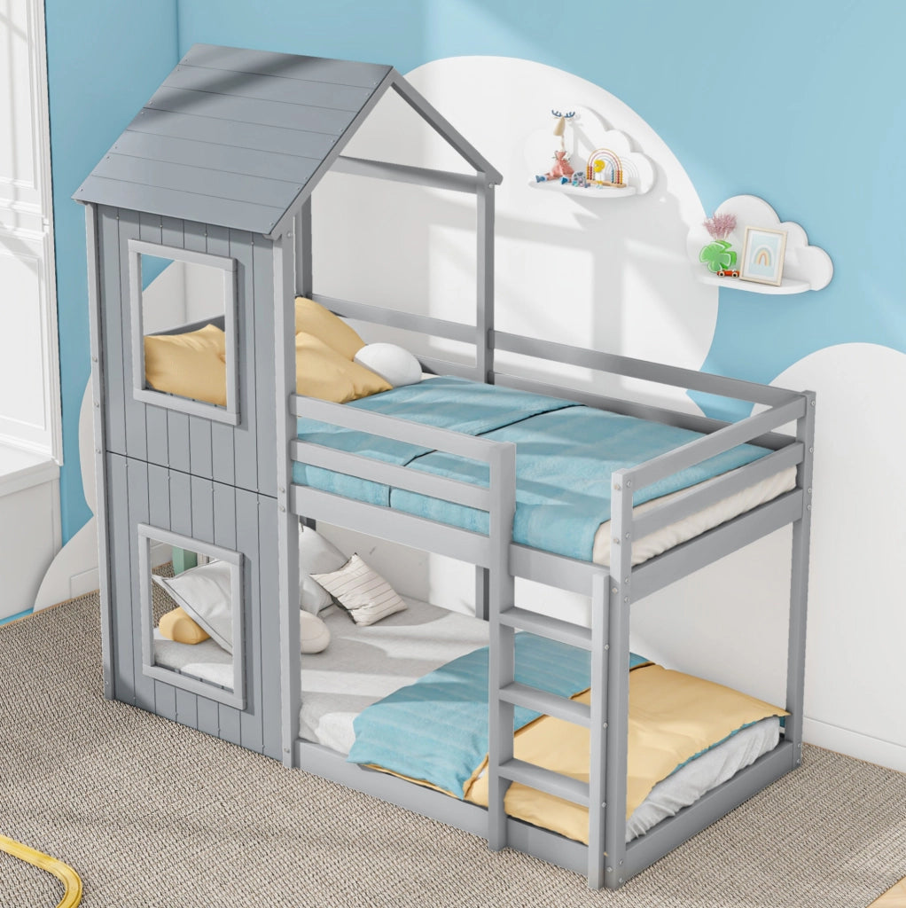 Letto a castello 90x200 cm; con sponda di sicurezza; legno; grigio (Senza materasso)