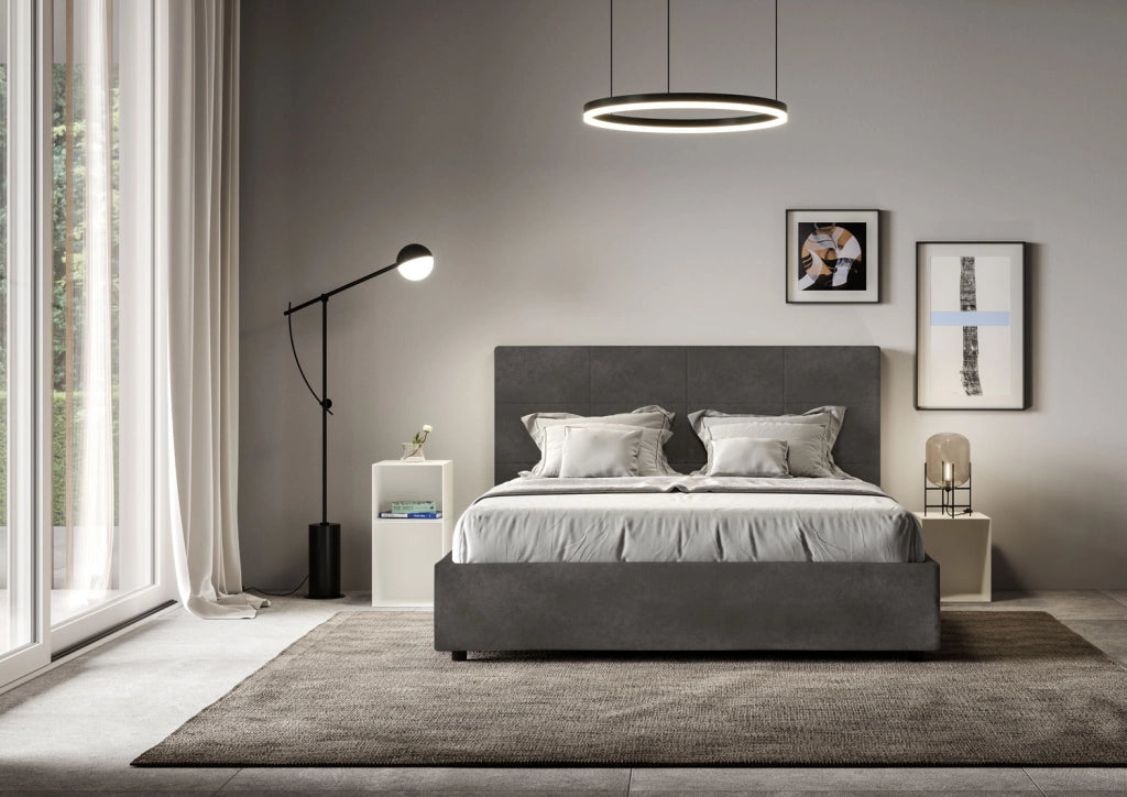 BS COM Letto matrimoniale francese con rete imbottito 140x210 microfibra grigio