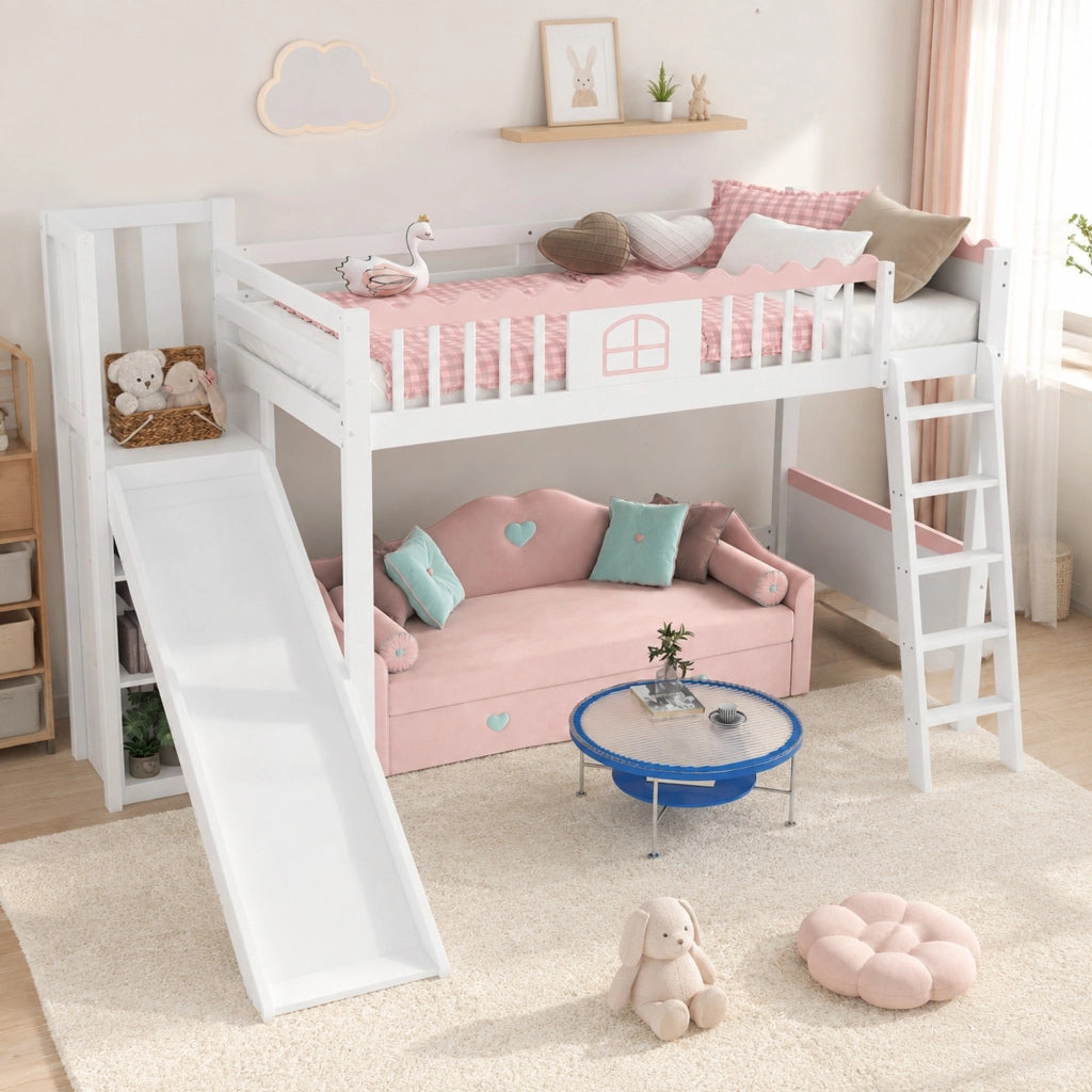 DESMIU Letto a Soppalco Letto Singolo 1 Posto con Scivolo, LED e 3 Scaffali 90 × 200 cm, Senza Materasso