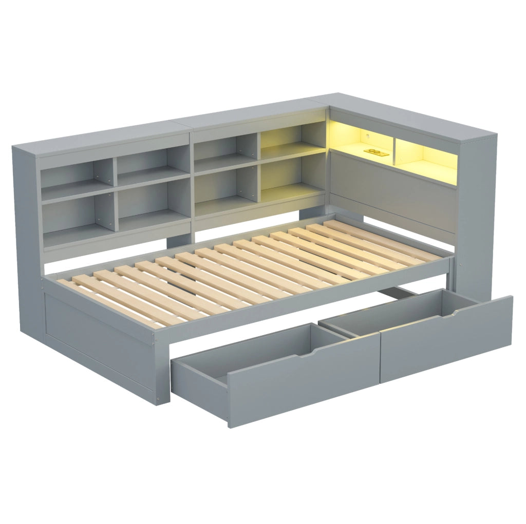 Letto da giorno ULEVR 90x200 cm con cassetti, ripiani, presa USB e LED multicolore, grigio