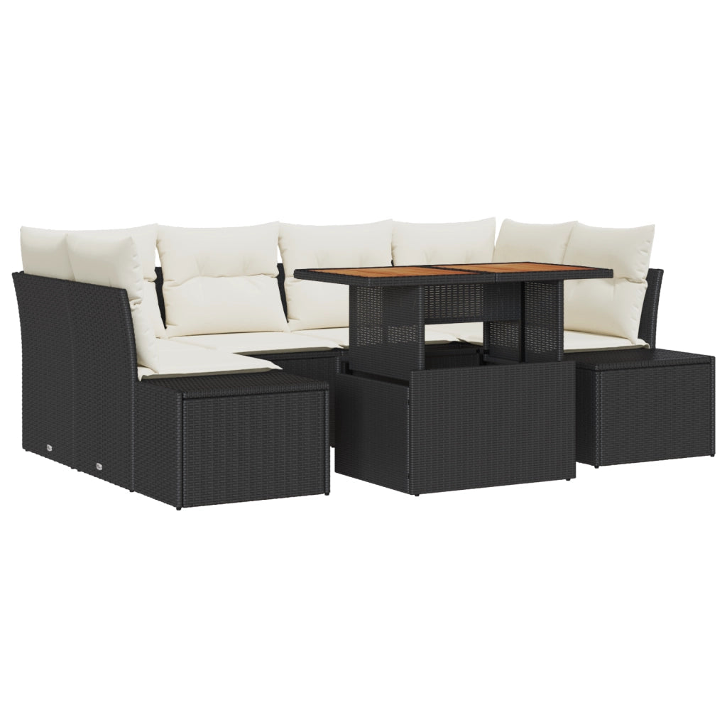 Set da pranzo da giardino 7 pezzi con cuscini in polirattan nero e acacia