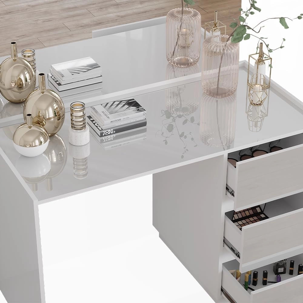 Vicco Tavolo da toilette Marla, Bianco lucido, 120 cm con 3 cassetti e specchio