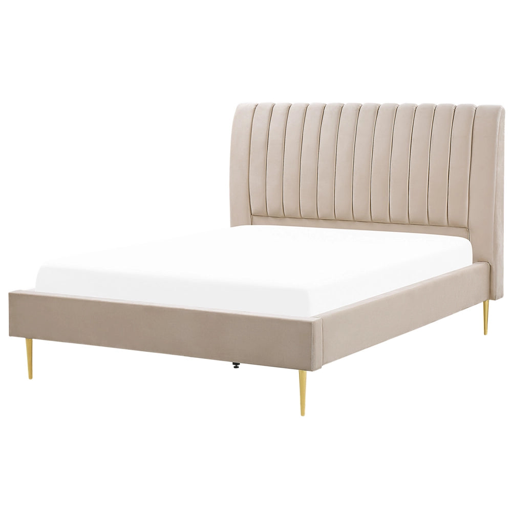 Letto imbottito velluto beige sabbia e oro rete a doghe testiera alta 140 x 200 cm testata alta design retrò