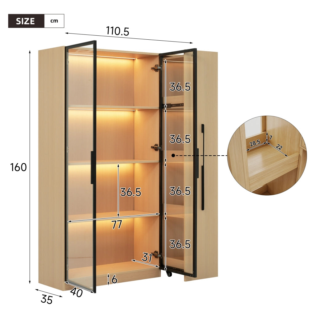 Armadio multifunzione 110,5×35×160 cm con vetrina in vetro e LED, scaffale laterale estraibile, rovere